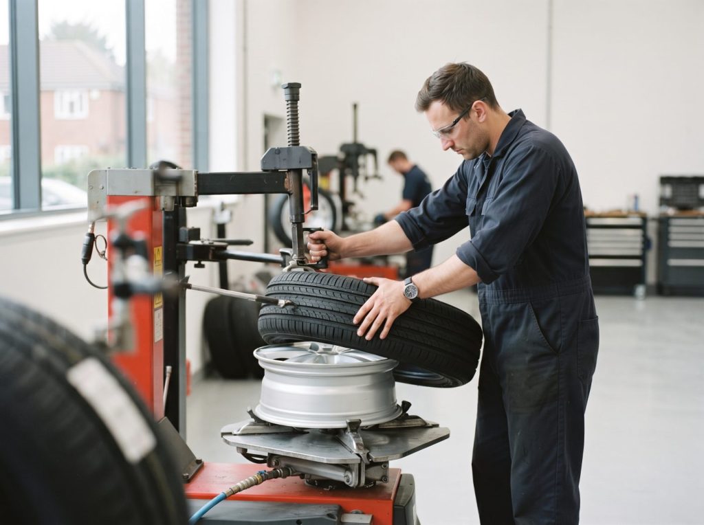 Top Tyres technician fitting a new tyre to an alloy wheel