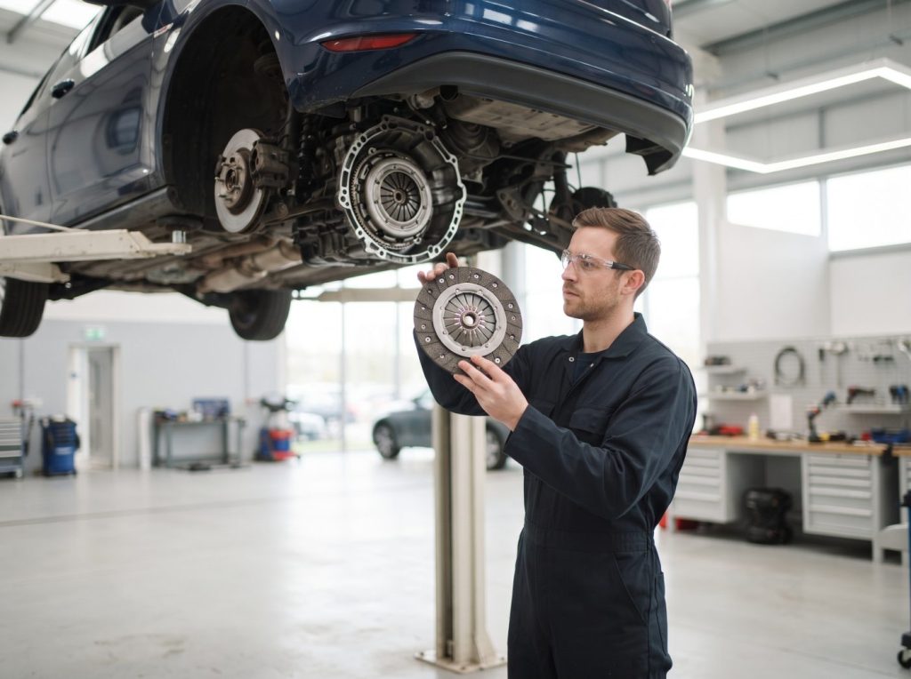 Technician holding a new clutch friction plate beside a raised car