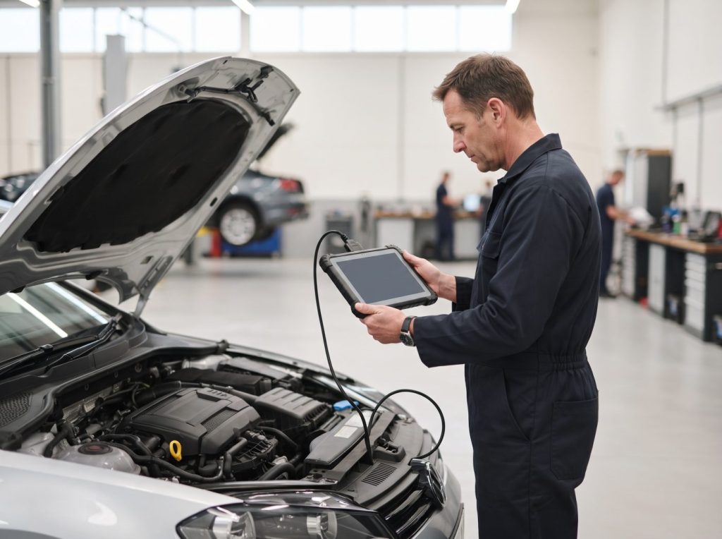 Technician running a diagnostic test on a car with a handheld tablet