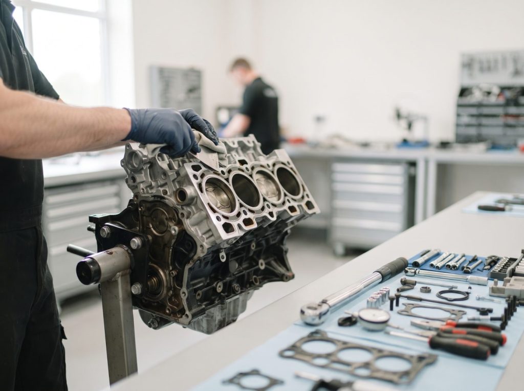 Mechanic rebuilding a car engine block on a workshop bench