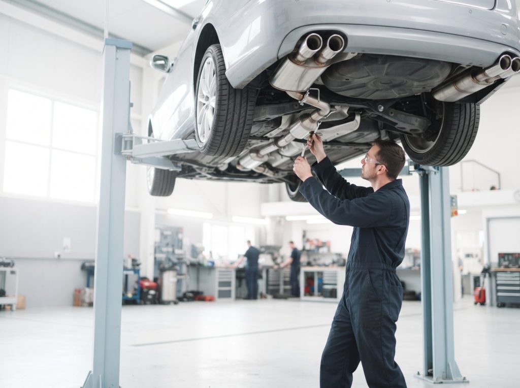 Technician fitting a stainless steel exhaust under a raised car