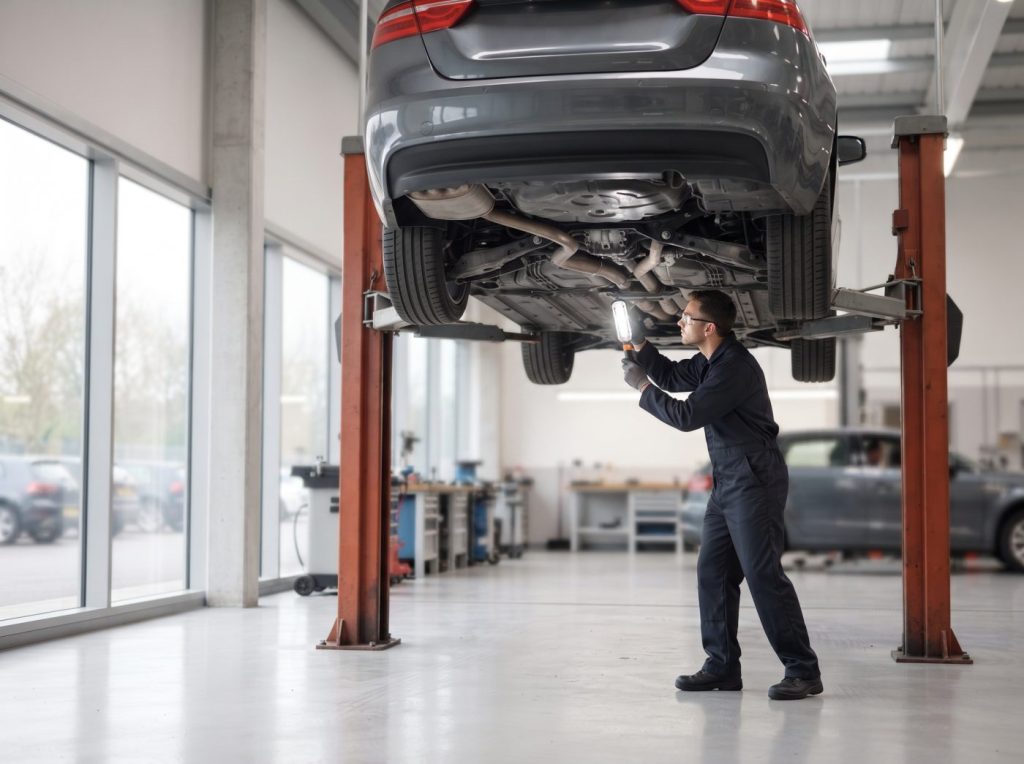 Technician carrying out an MOT inspection on a car raised on a two-post lift