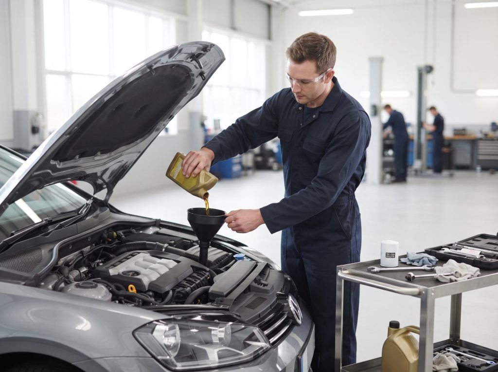 Technician topping up engine oil during a car service