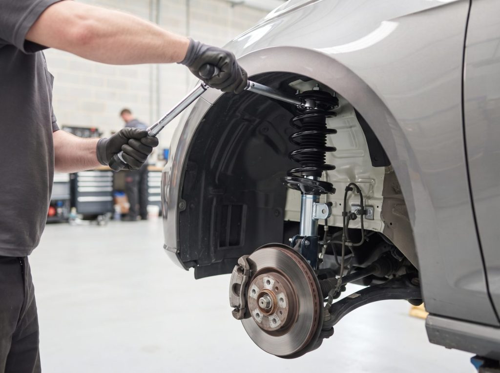 Technician fitting a new suspension strut and coil spring
