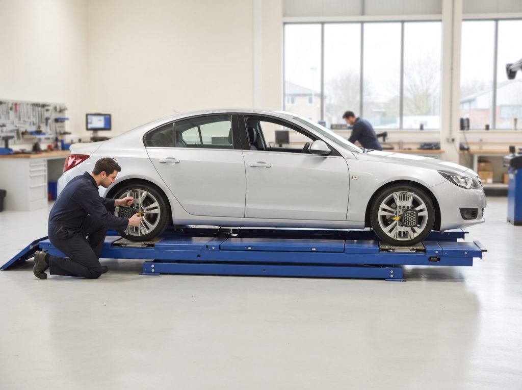 Car on a four-wheel alignment rig with sensor targets fitted