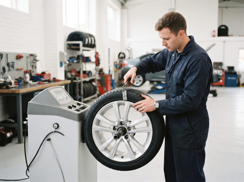 Technician balancing a car wheel on a wheel-balancing machine
