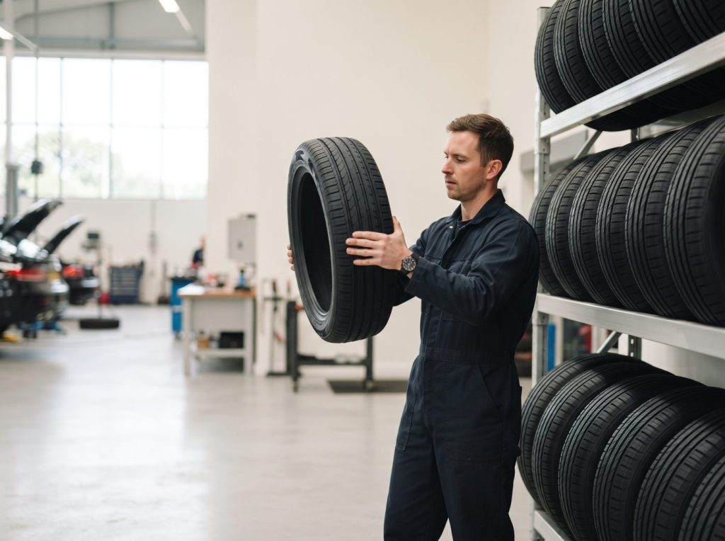 Technician selecting a new tyre from the rack at Top Tyres